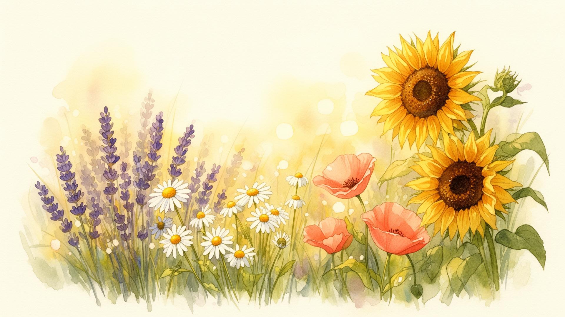 Watercolor wildflower meadow with lavender, daisies, poppies and sunflowers